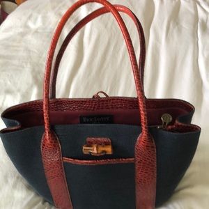 Designer Handbag Eric Javits Navy Woven Brown Croco Leather Trim